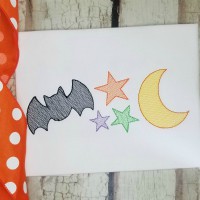 Bat, Stars, Moon Halloween Machine Embroidery Design - Sketch Stitch